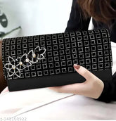 Faux leather/leatherette embellished hand clutch, 5 compartments, free size (8x4in), 3 zipper pockets, card slots, India-made fashionable accessory