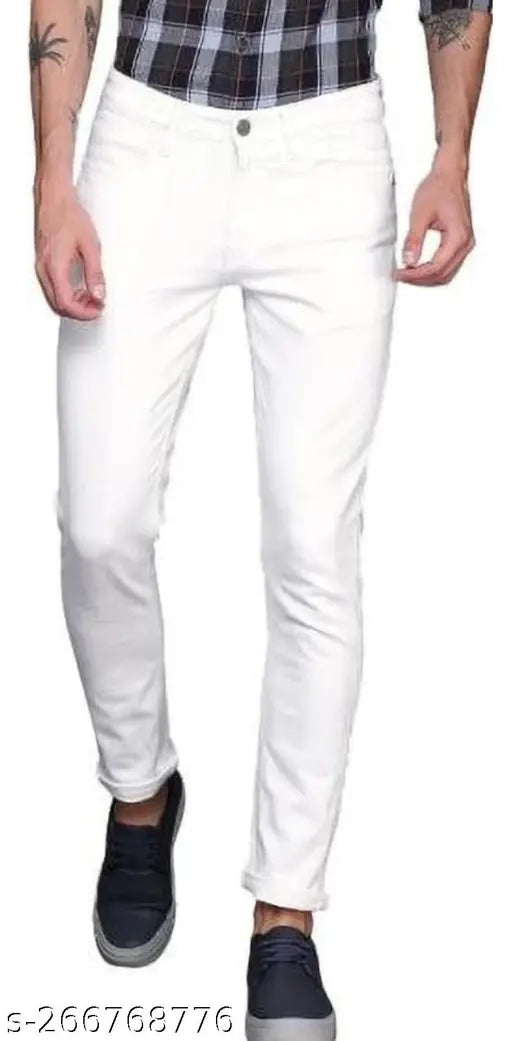 Cotton blend plain white jeans for men, solid design, multiple sizes available from 28 to 36 inches