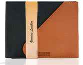 Black-Tan faux leather bi-fold wallet for men with snap lock and flap, 2 compartments, 3 card slots, 2 slip pockets, 1 coin pocket, and transparent slot. Men's synthetic leather bi-fold purse. Made in India