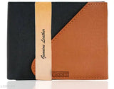 Black-Tan faux leather bi-fold wallet for men with snap lock and flap, 2 compartments, 3 card slots, 2 slip pockets, 1 coin pocket, and transparent slot. Men's synthetic leather bi-fold purse. Made in India