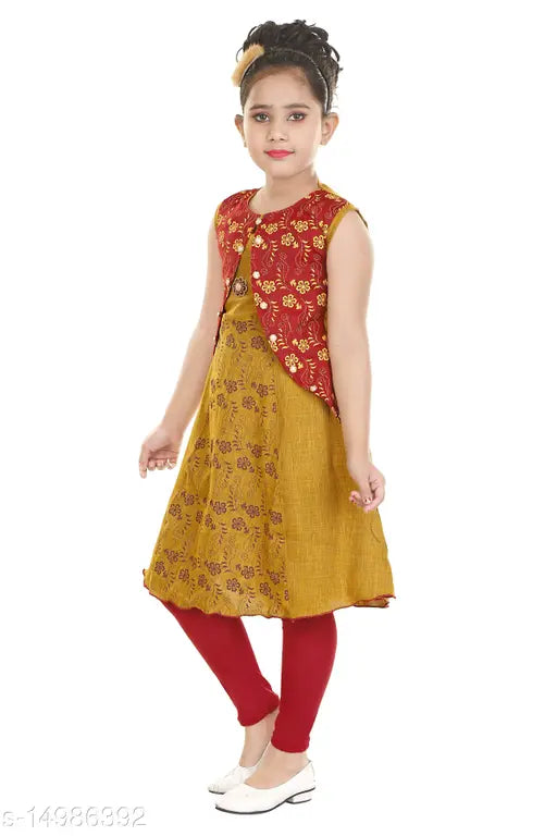 Yellow cotton kurti pack for girls, sleeveless printed net design, size 4-5 years (top length size: 26 in), made in India