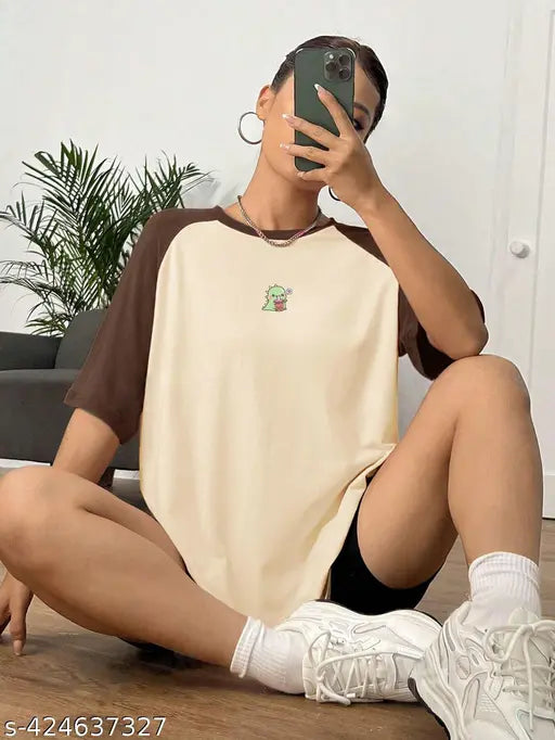 Women's oversized cotton raglan printed T-shirt, three-quarter sleeves, vibrant design on size chart, India origin