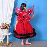 Enchanting net fairy frock with wings, headband, and magic stick for kids parties. Indian-made glossy net dress with cotton lining and frill detailing