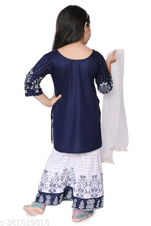 Girls festive rayon kurti and plazzo set, three-quarter sleeves, printed net partywear casual wear for kids aged 2-10, India