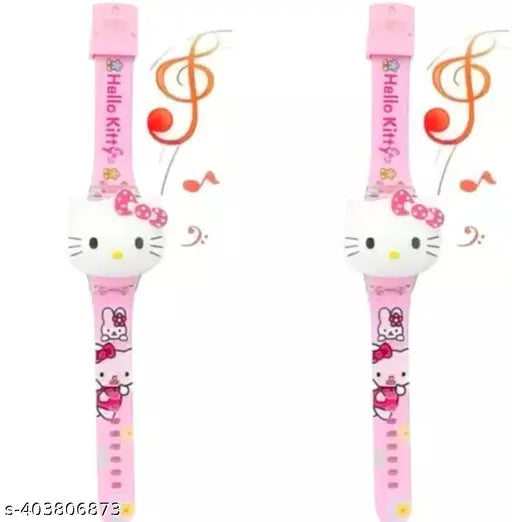 Pink silicon dual-watch set, cartoon kitty musical disco lights, ideal for kids' ethnic casual outfits. Made in India