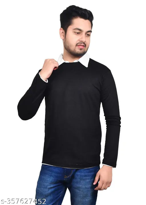 Blue cotton fancy men's full sleeve T-shirt with attached collar, solid pattern, long sleeves - Indian Ansh Collection elevates everyday style