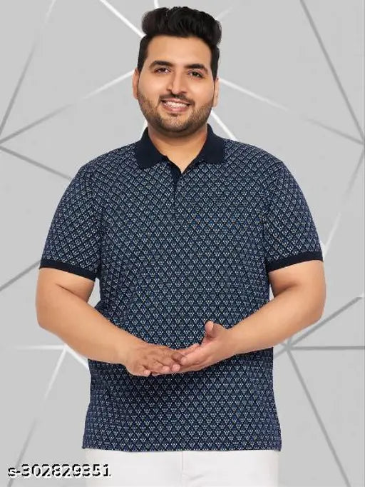 Navy blue wild west all-over printed men's plus size polo neck half sleeve cotton blend t-shirt, stylish and trendy for summer parties