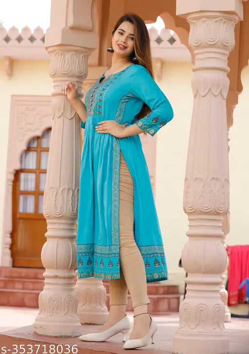 Rayon naira cut kurtis with three-quarter sleeves, printed combo for women and girls in India, suitable for denim or leggings