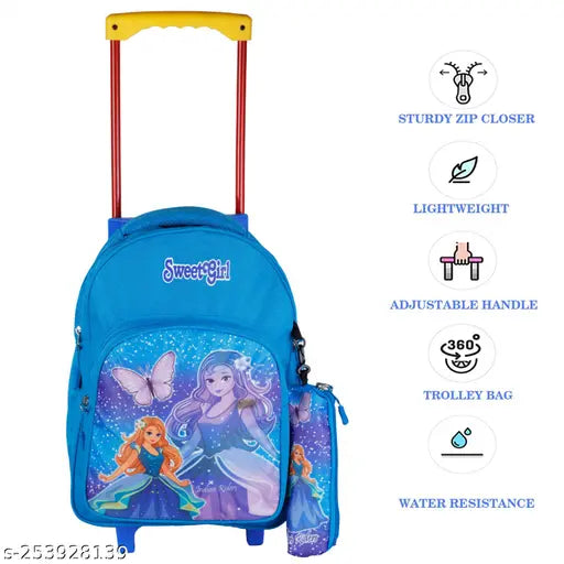 Light blue, waterproof 16in Indian Riders school trolley bag. Durable polyester net with adjustable straps and spacious compartments. Perfect for kids aged 2-8." (125 characters)