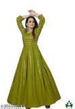 Solid green rayon Anarkali gown, embellished three-quarter sleeves, women's ethnic wear for festive events
