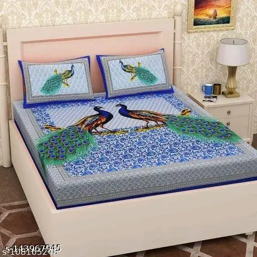 Peacock-patterned 150tc cotton flat sheets, ideal for summer, adult use, includes 2 pillow covers, made in India