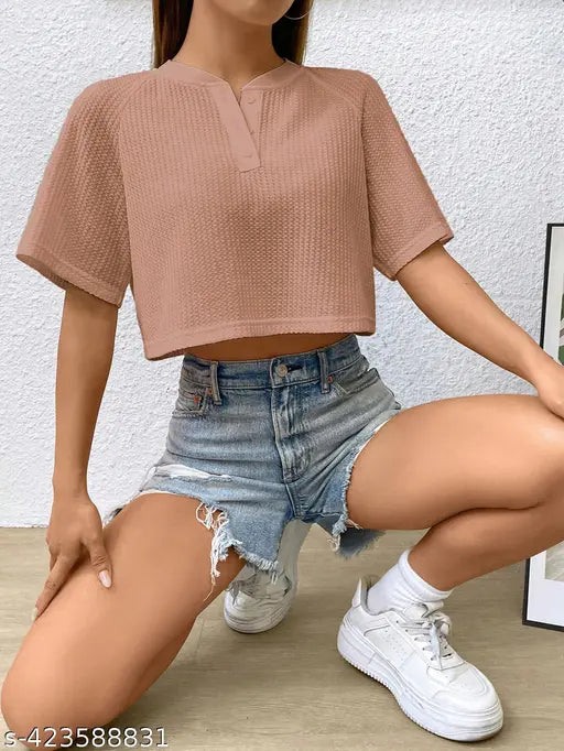 Waffle modal crop top, women's Zonia style for club party and disco wear, solid color, short sleeves, casual fit