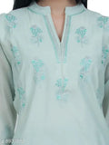 Blue Chanderi silk A-line floral embroidered kurti, three-quarter sleeves, Indian handcrafted fashion