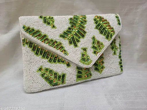 Embroidered net fabric sling bag, women's beaded evening party bag with 3 compartments, handmade in India