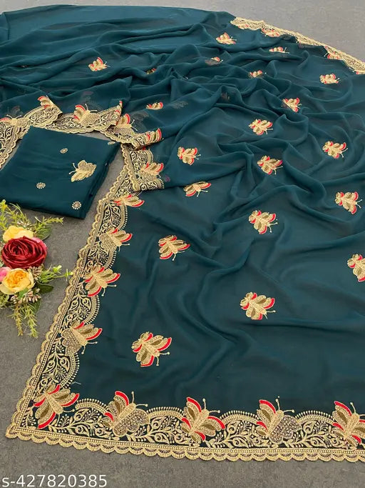 Golden Georgette Zari Embroidery C Pallu Saree with matching Running Blouse, Indian bridal wear