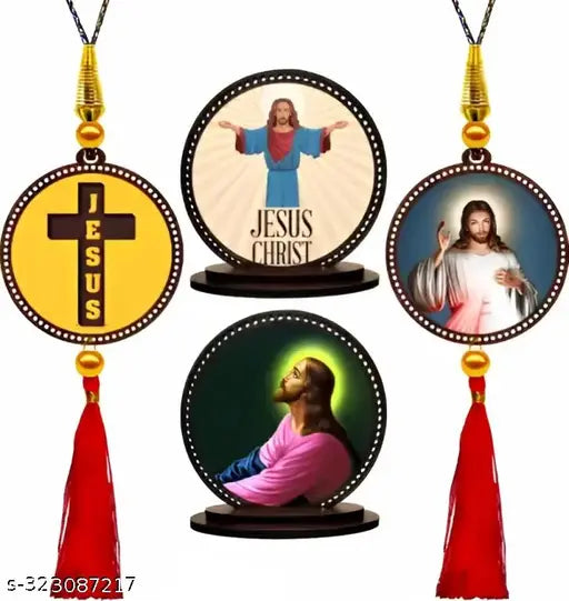 High-quality, 0.4cm thick wooden Jesus Holy Cross car hanging ornament set of 4 with matte finish and HD glossy print, ideal for car interior decor and gifting purposes