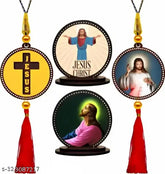 High-quality, 0.4cm thick wooden Jesus Holy Cross car hanging ornament set of 4 with matte finish and HD glossy print, ideal for car interior decor and gifting purposes