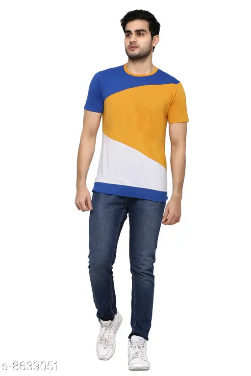 Multi-colored cotton blend half t-shirt, short sleeved colorblocked design in various sizes (S, M, L, XL)