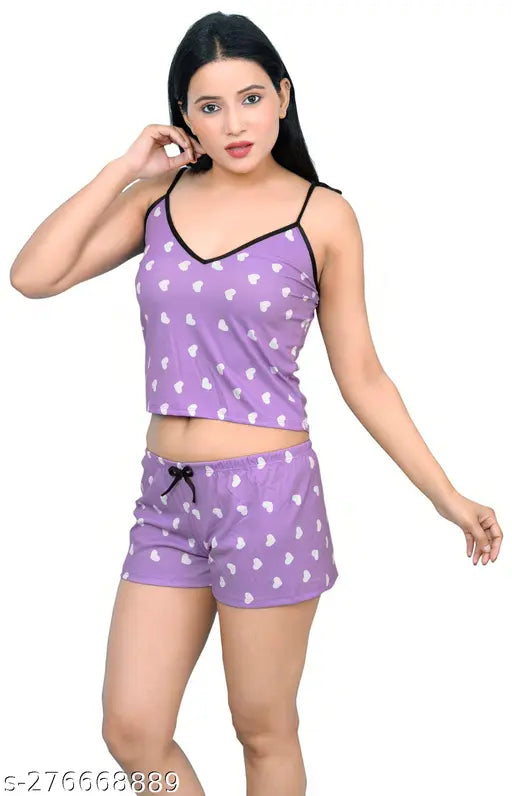 Printed silk blend babydoll nightdress with shoulder straps and heart print yoke, ideal for romantic nights or honeymoon dresses, made in India