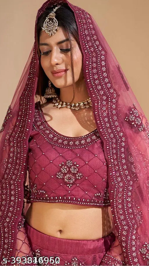 Embroidered net lehenga choli set with dupatta, Indian designer chain embellished party wear for girls and women