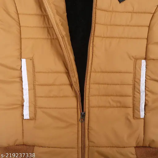 Stylish polyester winter jacket with long sleeves for kids, featuring comfortable cap and two front pockets. Fancy, trendy, and fashionable kid's winter wear