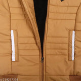 Stylish polyester winter jacket with long sleeves for kids, featuring comfortable cap and two front pockets. Fancy, trendy, and fashionable kid's winter wear