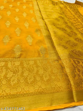 Yellow Chiffon Traditional Banaras Saree, intricate zari woven pallu on free size