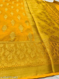 Yellow Chiffon Traditional Banaras Saree, intricate zari woven pallu on free size