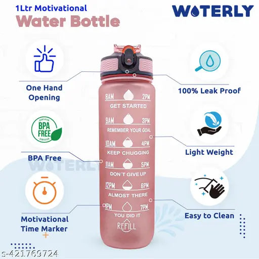 Black unbreakable leakproof 1L WOTERLY silicone water bottle with time marks and motivational design for gym, office, traveling