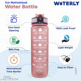 Black unbreakable leakproof 1L WOTERLY silicone water bottle with time marks and motivational design for gym, office, traveling
