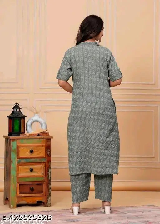 Green cotton blend kurti and palazzo set with printed net pattern by Balaji Creation - Indian fashion for women in M, L, XL, XXL sizes