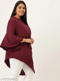 Burgundy solid color plus size women's longline layered top, poly crepe fabric, three-quarter sleeves, India origin
