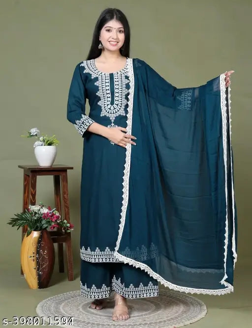Rayon Women's Straight Fancy Kurta Plazoo and Duppata Set with matching pants, solid net pattern, three-quarter sleeves, available in S, M, L, XL, XXL sizes from India