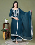 Rayon Women's Straight Fancy Kurta Plazoo and Duppata Set with matching pants, solid net pattern, three-quarter sleeves, available in S, M, L, XL, XXL sizes from India