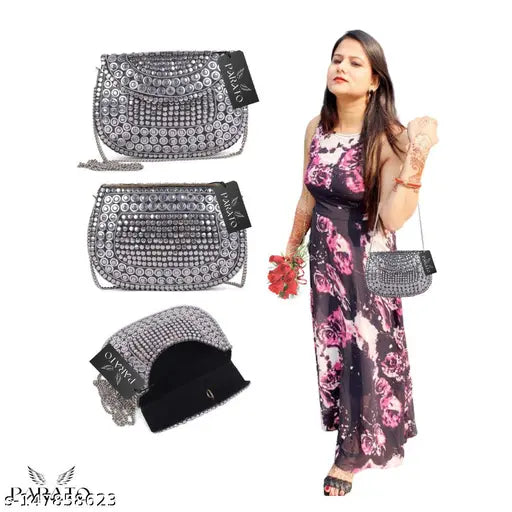 Handmade suede slingbag clutch for women, embellished net design, party-ready, India origin