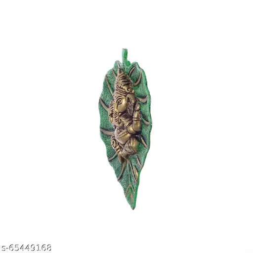 Brass Ganesh Idol on Green Paan Leaf, 75 INCH religious wall art for home & office decor, traditional-modern blend