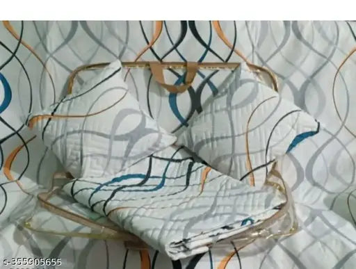 Multicolor geometric-patterned heavy glace cotton 5-piece bedding set: flat sheet, quilted cushion with zip, pillow covers, and cushion fillers - ideal for adult AC room, 180 thread count, 90x100 inches, made in India