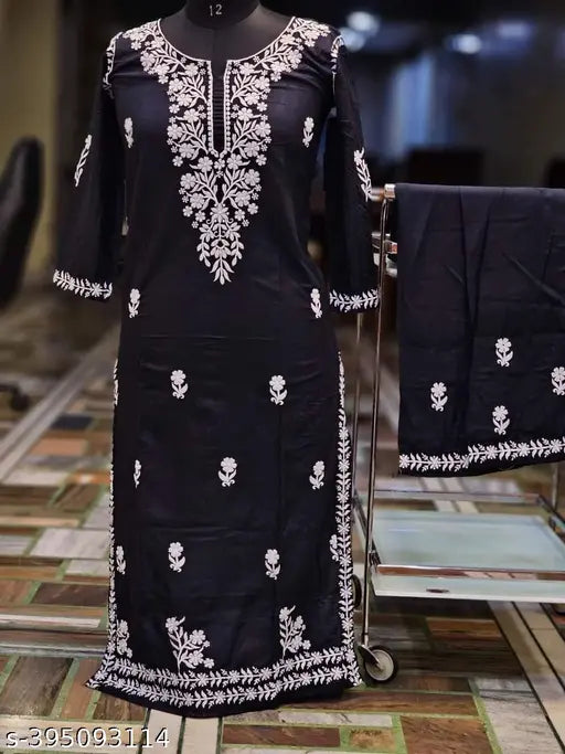 Embroidered rayon chikankari work kurti and palazzos, three-quarter sleeves, India-made fashion for women