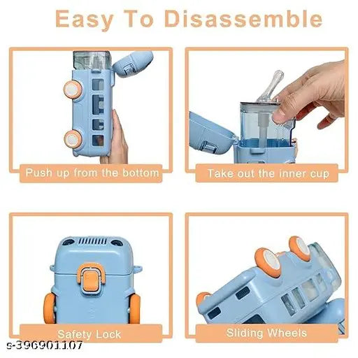 Blue plastic bus water bottle for kids, BPA free, leak proof design, perfect for school, single pack