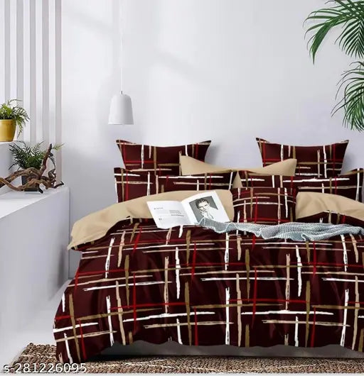 Brown and multicolored checked polycotton superfine double queen flat sheets (180 thread count, 2 pillow covers) for adult bedrooms