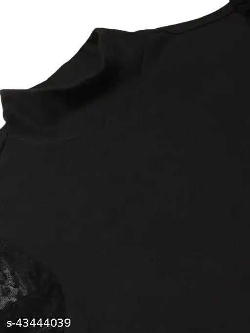 Black cotton solid Victorian winter top by Style Quotient, high neck knit with polka sheer lace full sleeves for women