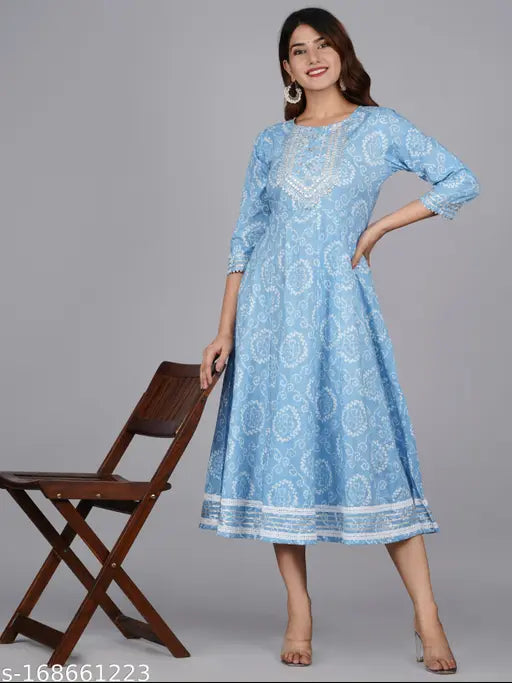 Blue Anarakli Kurta from Jaipuri Collection, featuring Bandhej print on cotton fabric, three-quarter sleeves. Indian printed kurta with embroidery work