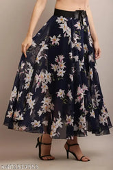 Raabta navy blue georgette printed skirt for women, showcasing a floral design, available in sizes 28-34