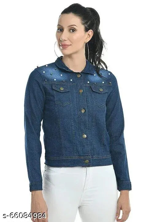 Trendy denim women's full sleeve embellished jacket, Indian origin, solid pattern, long sleeves, ideal for wardrobe versatility