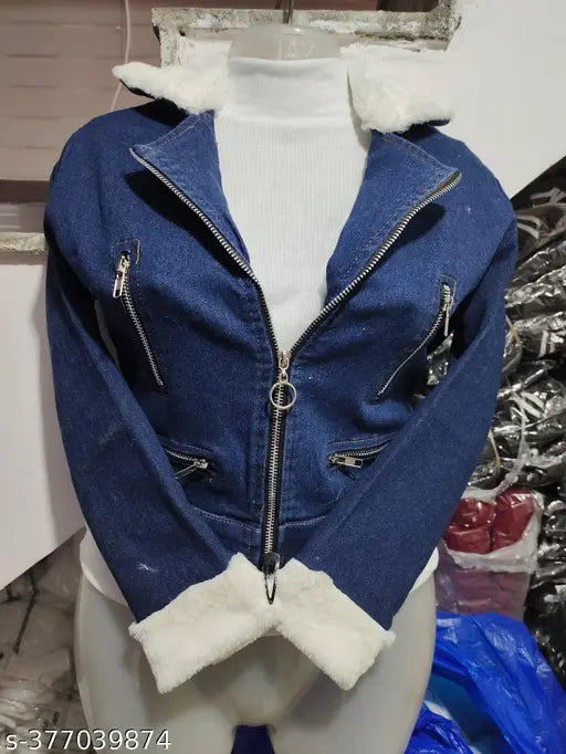 Winter denim fur jacket for girls, solid-colored, long sleeves, size 10-15 years, on hangar