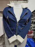 Winter denim fur jacket for girls, solid-colored, long sleeves, size 10-15 years, on hangar