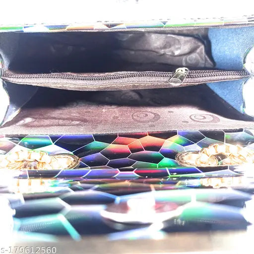 Acrylic embellished net Maridy Women's Sling Handbag, holographic color changing crossbody bag with 2 compartments, free size (7in x 3in x 5in) from India