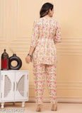 Rayon floral print flared pyjamas with three-quarter sleeves, vibrant Indian design