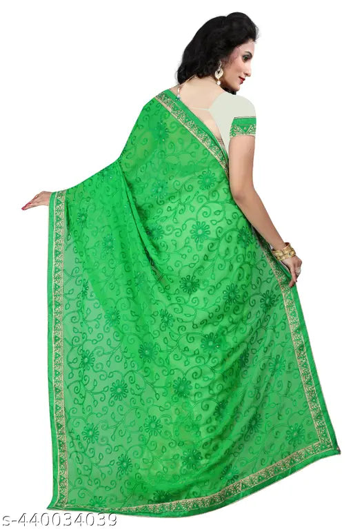 Green Georgette Krishna Embroidery Half N Half Saree, Indian Bollywood-inspired embroidered blouse