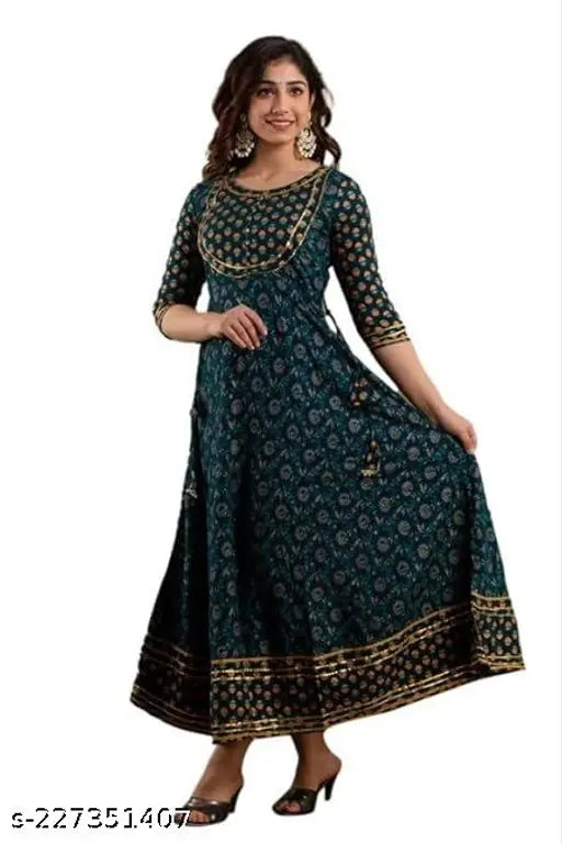 Teal blue ethnic motifs printed anarkali kurta for women, three-quarter sleeve, round neck, flared hem, machine weave rayon fabric
